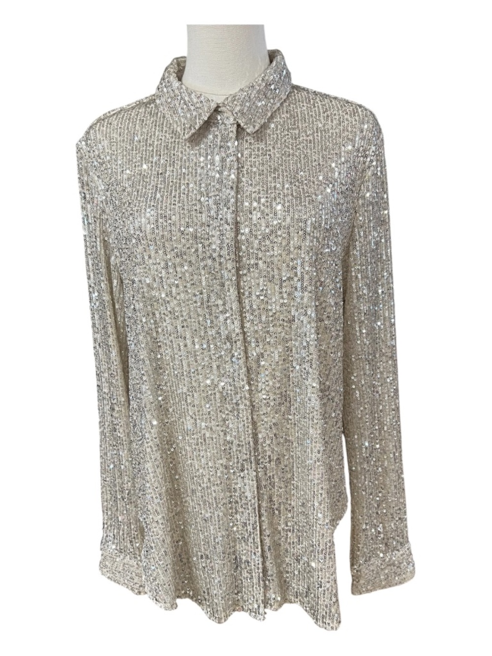 EUC CeCe Champagne & Silver Sequin Snap Front Shirt Sparkle Blouse | Size L